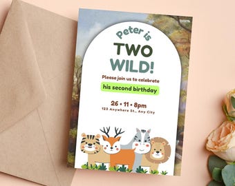 Two Wild Safari 2nd Birthday Invitation: Boho Jungle Animals (Digital Download)