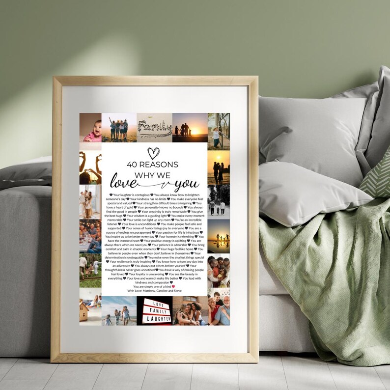 Puede incluir: Un collage de fotos enmarcado con una lista de 40 razones por las que alguien es amado. El texto dice "40 razones por las que te amamos". El collage incluye fotos de una familia, una pareja y un grupo de amigos. El texto est&aacute; en blanco y negro, y las fotos est&aacute;n en color.