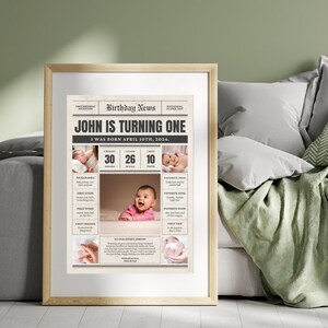 May include: A newspaper-style birthday announcement for a baby named John turning one year old. The announcement includes photos of John, his weight, height, and number of teeth. It also includes space for personalized information like nicknames, first steps, first words, and favorite toys.