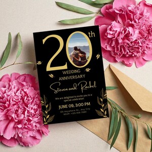 May include: Black and gold wedding anniversary invitation with a photo of a couple. The invitation says "20th Wedding Anniversary Steven and Rachel" and includes the date and time of the event.