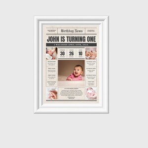 May include: A newspaper-style birthday announcement for a baby named John, who is turning one year old. The announcement includes a photo of John, his birthdate, weight, length, and other milestones. The text reads "Birthday News, John is turning one, I was born April 10th, 2024."