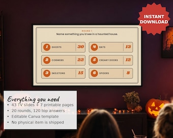 Gra „Halloween Feud”, zabawna, retro, upiorna gra imprezowa dla dorosłych i rodzin, edytowalne slajdy Canva TV i drukowane kartki dla gospodarzy