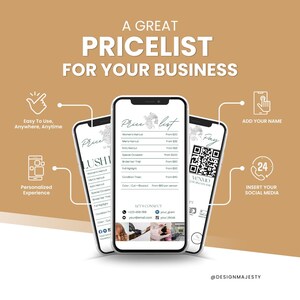 May include: A digital price list template for a hair salon business. The template is displayed on a smartphone screen and includes a list of services and prices, contact information, and social media icons. The template is designed to be easy to use and customize.