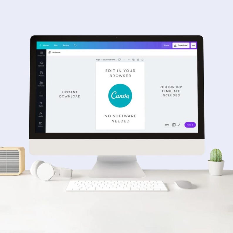 May include: A computer screen displaying a website with the text "Edit in your browser" and "Canva" in a teal circle. The text "Instant Download" and "Photoshop Template Included" are also visible on the screen.