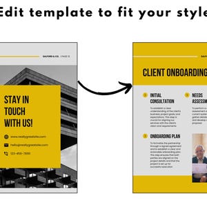 May include: A yellow and gray template for client onboarding. The template includes three steps: initial consultation, needs assessment, and onboarding plan. The template also includes a black and white photo of a building.