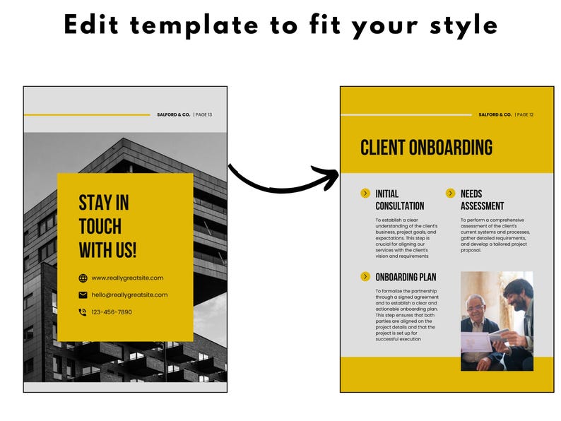 May include: A yellow and gray template for client onboarding. The template includes three steps: initial consultation, needs assessment, and onboarding plan. The template also includes a black and white photo of a building.