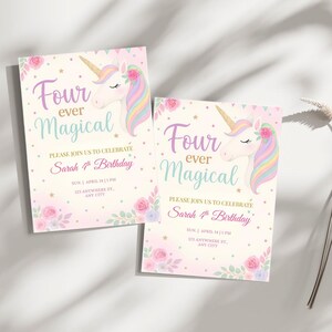 Puede incluir: Dos tarjetas de invitaci&oacute;n rosa y p&uacute;rpura con una ilustraci&oacute;n de unicornio y el texto "Four ever Magical" y "Sarah 4th Birthday".