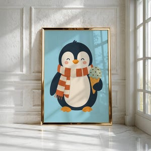 May include: A framed wall art print featuring a cartoon penguin with a white belly and black body, wearing an orange and white striped scarf. The penguin is holding a light green ice cream cone with dark speckles against a light blue background.