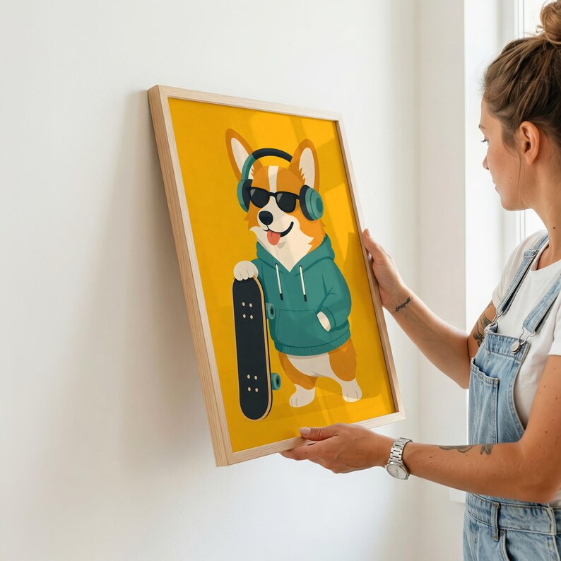 May include: A framed wall art print featuring a cartoon illustration of a Corgi dog wearing a teal hoodie, black sunglasses, and blue headphones. The dog is standing on a bright yellow background and holding a black skateboard with white wheels.