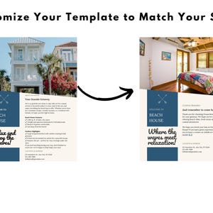 May include: A blue and white flyer with the text "Welcome to Beach House" and "Relax and enjoy the waves!"  The flyer also includes a photo of a beach house and a description of the property.