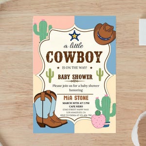 May include: A baby shower invitation with a cowboy theme. The invitation is decorated with cacti, cowboy boots, and a cowboy hat. The text on the invitation reads "a little cowboy is on the way!" and includes details about the event, including the date, time, location, and RSVP information.