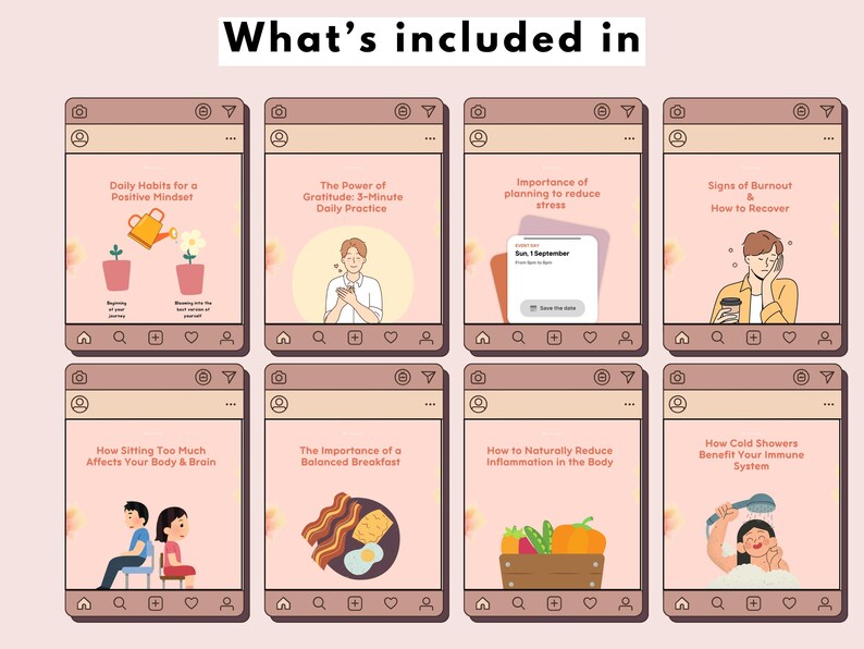 Peut inclure: Une mosa&iuml;que de neuf publications Instagram avec des fonds roses et du texte blanc. Les publications offrent des conseils sur la sant&eacute; et le bien-&ecirc;tre, notamment des habitudes quotidiennes pour un &eacute;tat d'esprit positif, le pouvoir de la gratitude, l'importance de la planification pour r&eacute;duire le stress, les signes d'&eacute;puisement professionnel et comment s'en remettre, comment le fait de rester assis trop longtemps affecte votre corps et votre cerveau, l'importance d'un petit-d&eacute;jeuner &eacute;quilibr&eacute;, comment r&eacute;duire naturellement l'inflammation dans le corps et comment les douches froides profitent &agrave; votre syst&egrave;me immunitaire.