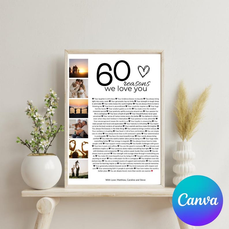 Puede incluir: Un p&oacute;ster imprimible en blanco y negro con un collage de fotos y una lista de 60 razones para amar a alguien. El p&oacute;ster tiene el texto "60 razones por las que te amamos" y "Con amor: Matthew, Caroline y Steve".