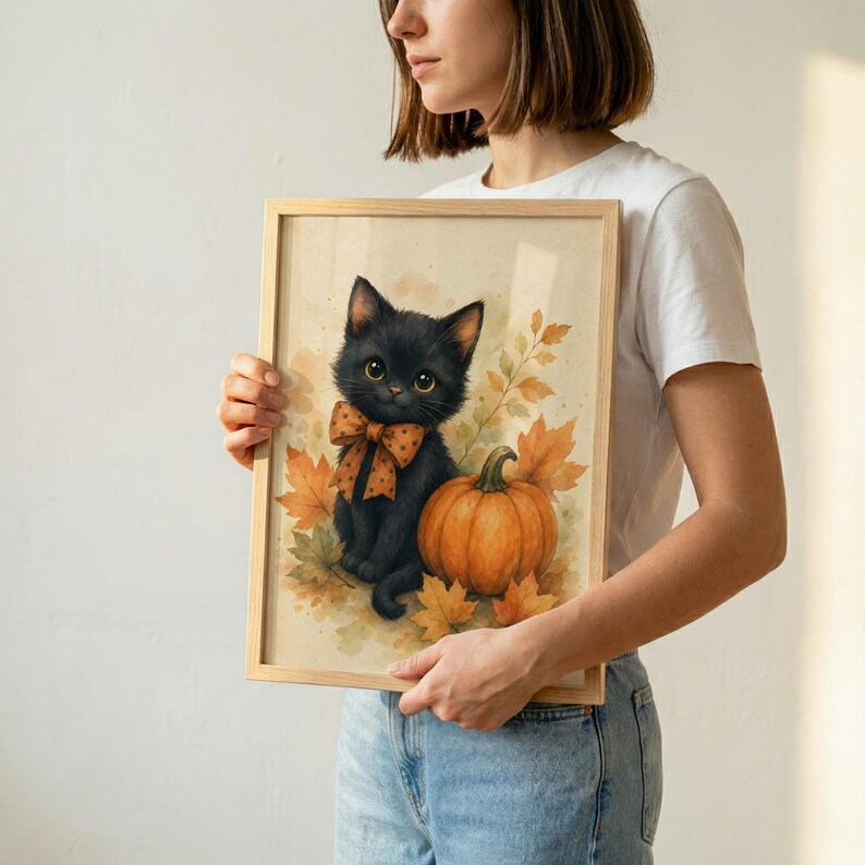 May include: A framed art print featuring a black kitten with large eyes wearing an orange polka-dot bow tie, sitting next to a round orange pumpkin surrounded by scattered autumn leaves in shades of yellow, orange, and brown on a cream background.