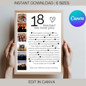 18 cosas que amamos de ti: regalo de cumpleaños número 18 imprimible, collage de fotos, recuerdo personalizado para él o ella, plantilla Canva de descarga instantánea