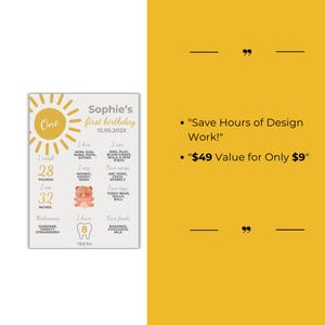 May include: A printable first birthday poster for a baby girl named Sophie. The poster features a yellow sun with the word "One" inside, a teddy bear, and a tooth with the number 8. The poster includes information about the baby's weight, height, favorite foods, and activities. The text on the poster reads "Sophie's first birthday 12.05.202X".