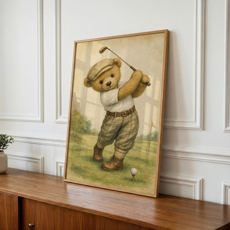 Lámina infantil Vintage Golf Bear, decoración única para habitación de niño, regalo para baby shower, descarga digital. imagen 1