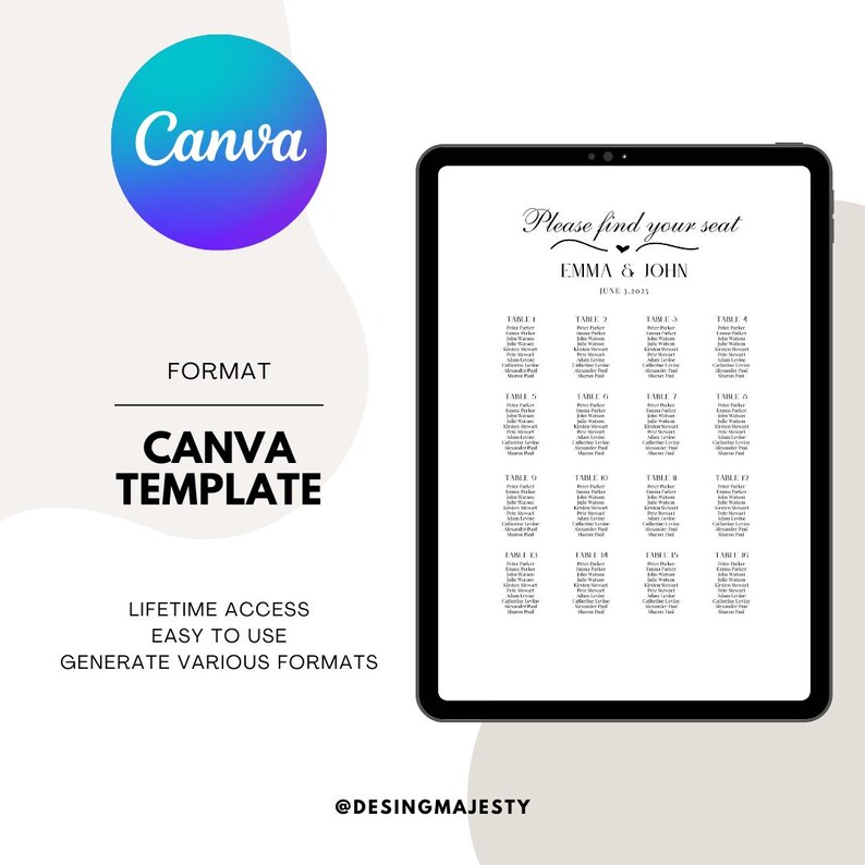 K&ouml;nnte beinhalten: Eine digitale Vorlage f&uuml;r einen Hochzeitssitzplan. Der Plan tr&auml;gt den Titel "Bitte finden Sie Ihren Platz" und zeigt die Namen "Emma & John" sowie das Datum "Juni 2015". Der Plan ist in 16 Tische unterteilt, jeder mit einer Tischnummer und einer Namensliste.