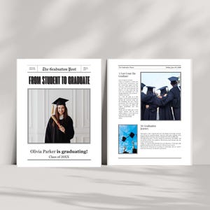 Peut inclure: Une annonce de graduation de style journal en noir et blanc avec une photo d'une femme en toge et chapeau de graduation tenant un dipl&ocirc;me. Le titre principal est "De l'&eacute;tudiant au dipl&ocirc;m&eacute;" et le texte sous la photo dit "Olivia Parker est dipl&ocirc;m&eacute;e&nbsp;! Classe de 20XX".