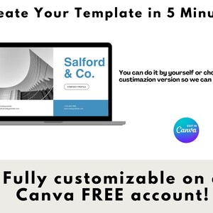 May include: A laptop screen displaying a website template for a company profile. The template features a black and white photo of a building and the text "Salford & Co." in blue. The text "You can do it by yourself or choose custimization version so we can help you." is also displayed on the screen. The text "EDIT IN Canva" is displayed on a blue and purple circle.