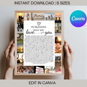 Pu&ograve; includere: Un poster stampabile con un collage di foto di famiglia e un elenco di 70 motivi per cui ti amiamo. Il poster &egrave; incorniciato in una cornice nera e ha uno sfondo bianco. Il testo &egrave; nero e il cuore &egrave; rosso. Il poster &egrave; intitolato "70 motivi per cui ti amiamo".