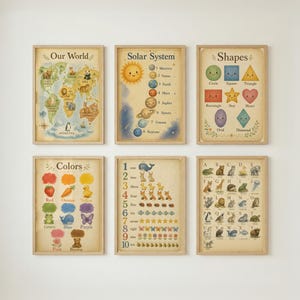 May include: Six educational wall posters in wooden frames featuring illustrations of the world map, solar system, shapes, colors, numbers one through ten, and an animal alphabet, all set against a vintage-style beige background with clear text.