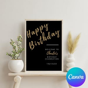 Op de afbeelding: Een zwart en gouden printbaar bord met de tekst "Happy Birthday" in gouden handschrift. Het bord bevat ook de tekst "Welcome to Charlie's Birthday Celebration 10|12|25".