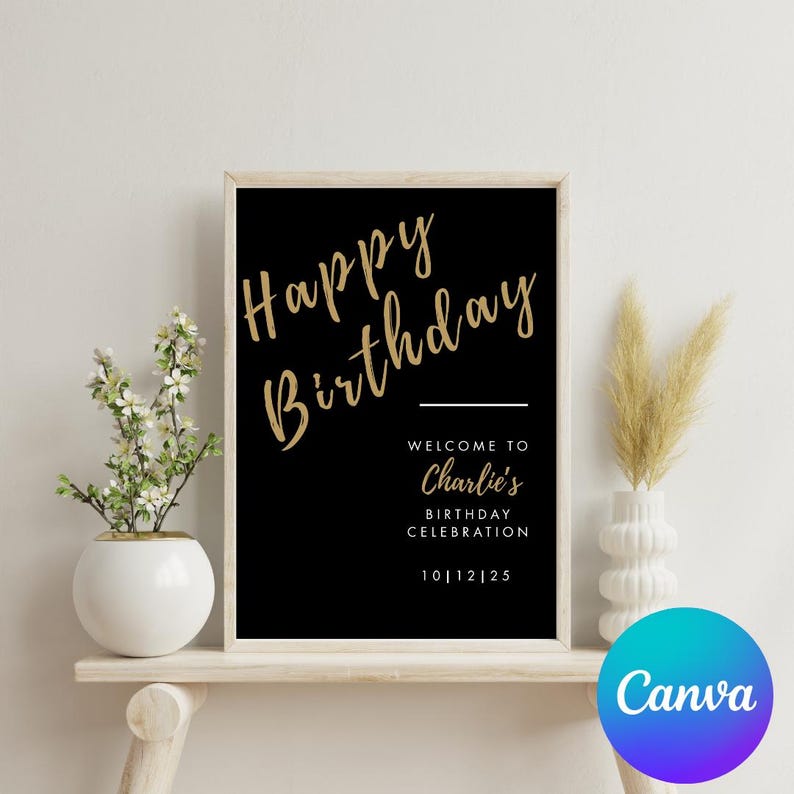 Op de afbeelding: Een zwart en gouden printbaar bord met de tekst "Happy Birthday" in gouden handschrift. Het bord bevat ook de tekst "Welcome to Charlie's Birthday Celebration 10|12|25".