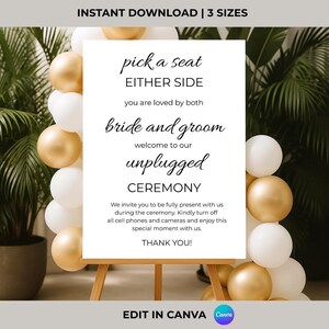 Editable unplugged wedding ceremony sign with modern black text on white, asking guests to turn off phones. Surrounded by white and gold balloons. Instant download Canva template.