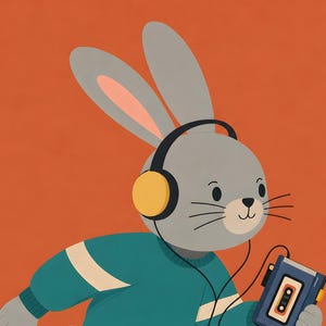 Peut inclure: Une illustration de lapin gris portant un casque noir et jaune et un pull bleu sarcelle &agrave; rayures blanches. Le lapin tient un lecteur de cassette portable bleu avec une cassette visible &agrave; l'int&eacute;rieur, sur un fond orange uni.