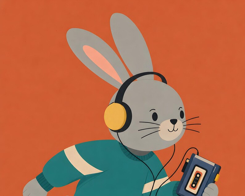 Peut inclure: Une illustration de lapin gris portant un casque noir et jaune et un pull bleu sarcelle &agrave; rayures blanches. Le lapin tient un lecteur de cassette portable bleu avec une cassette visible &agrave; l'int&eacute;rieur, sur un fond orange uni.