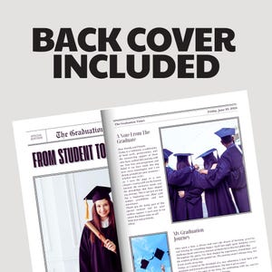 Peut inclure: Un journal de graduation avec une photo d'un dipl&ocirc;m&eacute; portant une toque et une robe tenant un dipl&ocirc;me. Le titre principal est "The Graduation From Student To..." et le texte comprend une note du dipl&ocirc;m&eacute; et une section intitul&eacute;e "My Graduation Journey."
