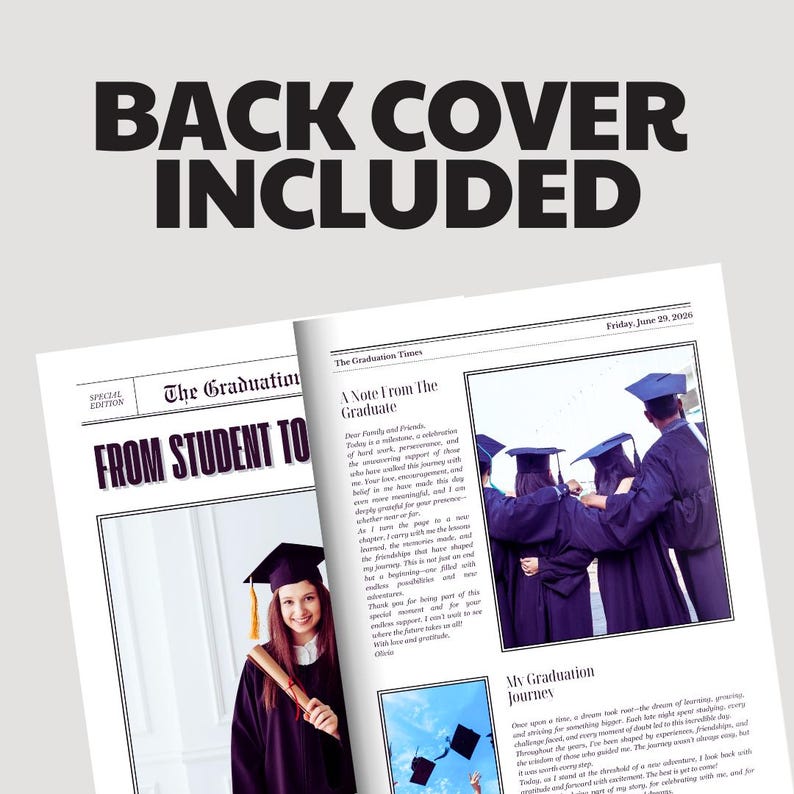 Peut inclure: Un journal de graduation avec une photo d'un dipl&ocirc;m&eacute; portant une toque et une robe tenant un dipl&ocirc;me. Le titre principal est "The Graduation From Student To..." et le texte comprend une note du dipl&ocirc;m&eacute; et une section intitul&eacute;e "My Graduation Journey."