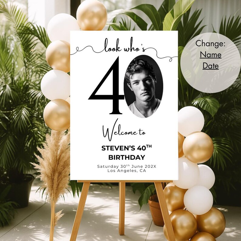 Puede incluir: Un cartel blanco con texto negro y una foto de una persona. El cartel dice "Look who's 40. Welcome to Steven's 40th Birthday. Saturday 30th June 202X. Los Angeles, CA."