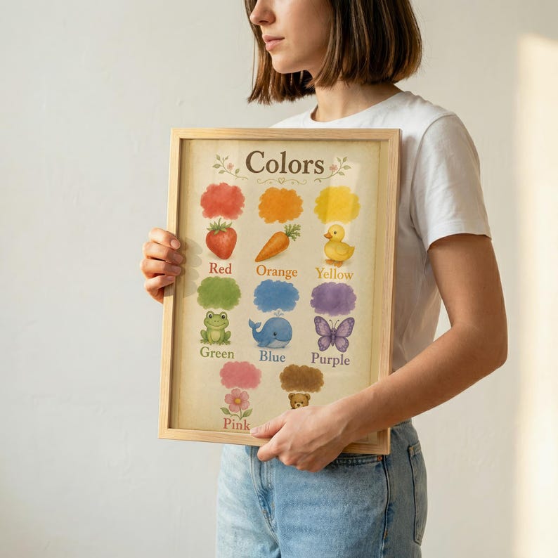 May include: A framed educational wall art print titled Colors, featuring watercolour illustrations of a strawberry, carrot, duck, frog, whale, butterfly, flower, and bear, each paired with its corresponding colour name in English text.