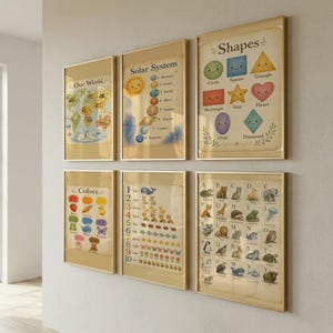 May include: A set of six educational wall posters in gold frames featuring illustrations of the world map, solar system, shapes, colors, numbers, and an animal alphabet. Each poster displays text labels for the depicted items in a clear font.