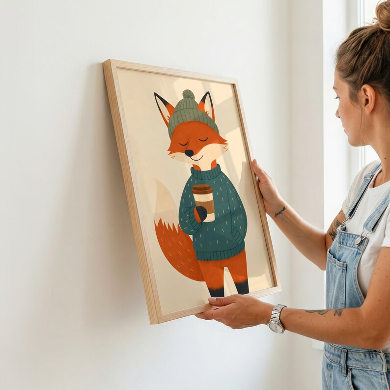 May include: A framed wall art print featuring a cartoon fox with orange fur, wearing a dark green knit beanie and a matching dark green sweater, holding a brown coffee cup. The illustration is set against a light cream background.