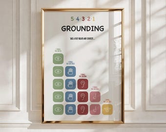 54321 Grounding Technique Poster, Anxiety Relief Coping Skills Art (Digital Download)