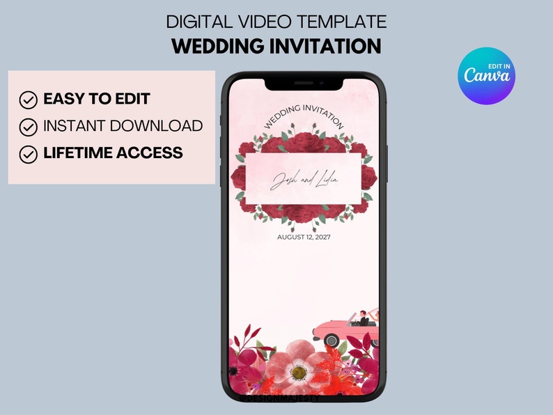 Pu&ograve; includere: Un modello di video digitale per un invito di nozze. Il modello presenta uno sfondo rosa con rose rosse e una casella bianca con il testo "Josh e Leah" e la data "12 agosto 2027". Il modello &egrave; progettato per essere modificato in Canva.