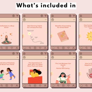 Peut inclure: Un collage de huit images de style Instagram avec des fonds roses et du texte blanc. Les images pr&eacute;sentent des illustrations de personnes m&eacute;ditant, tenant un journal, dormant et pratiquant d'autres activit&eacute;s li&eacute;es au bien-&ecirc;tre. Le texte comprend des phrases comme "La pleine conscience dans un monde occup&eacute;", "Les meilleures habitudes matinales pour une journ&eacute;e productive" et "Les bienfaits de la tenue d'un journal pour le soulagement du stress".