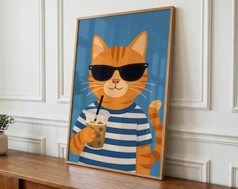 Cat Print, Whimsical Animal Art, Kids Playroom Decor (Digital Download)