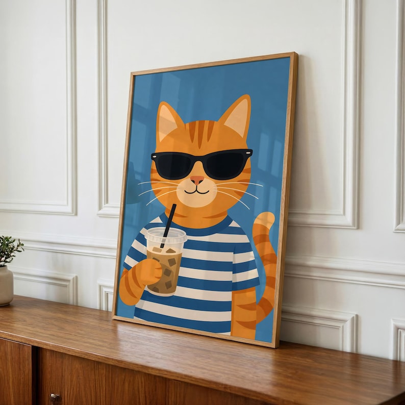 Cat Print, Whimsical Animal Art, Kids Playroom Decor (Digital Download) image 1
