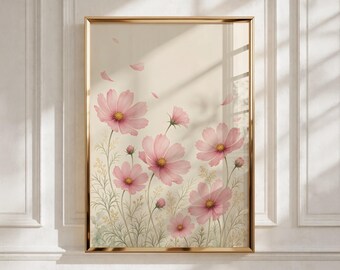 Wildflower Nursery Wall Art, Pink Cosmos Watercolor Printable, Baby Girl Room Decor