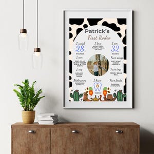 K&ouml;nnte beinhalten: Ein schwarz-wei&szlig;es Poster mit Kuhmuster und einem Foto eines kleinen Jungen in einem Cowboyhut. Das Poster lautet "Patrick's First Rodeo" und enth&auml;lt Details &uuml;ber das Alter, das Gewicht und die Lieblingsdinge des Babys.