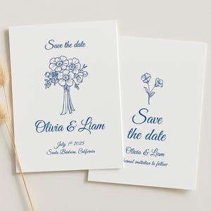 Elegant Save the Date card template with hand-drawn floral bouquet and cursive typography, perfect for DIY wedding announcements. Ideal for minimalist or botanical-themed weddings, fully customizable in Etsy-friendly formats.
