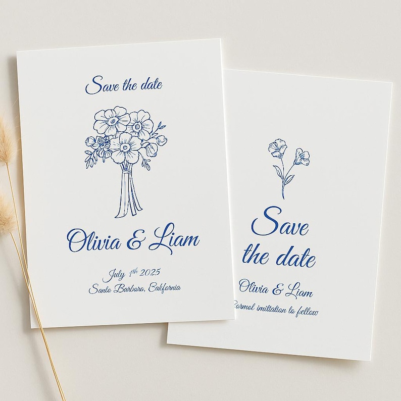 Elegant Save the Date card template with hand-drawn floral bouquet and cursive typography, perfect for DIY wedding announcements. Ideal for minimalist or botanical-themed weddings, fully customizable in Etsy-friendly formats.