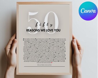 May include: A framed print with the text "50 Reasons We Love You" in a stylish font. The print includes a list of reasons and is available in six sizes. The words "Instant Download" and "Edit in Canva" are also visible.