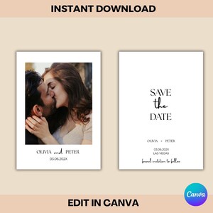 Op de afbeelding: Een trouwkaart sjabloon met een foto van een kussend stel aan de linkerkant en een 'Save the Date'-kaart aan de rechterkant. De tekst 'Direct downloaden' en 'Bewerken in Canva' zijn zichtbaar.