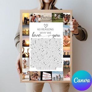 Op de afbeelding: Een collage van familiefoto's met een witte achtergrond en zwarte tekst die "60 redenen waarom we van je houden" luidt. De tekst is omringd door een hart en de tekst is in handschrift. De foto's tonen een gezin dat tijd samen doorbrengt, waaronder een stel dat elkaars hand vasthoudt, een gezin op het strand, een gezin in het park en een gezin aan een meer.