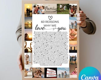 Colagem de fotos "60 motivos pelos quais amamos você": presente personalizado de aniversário de 60 anos (modelo editável)